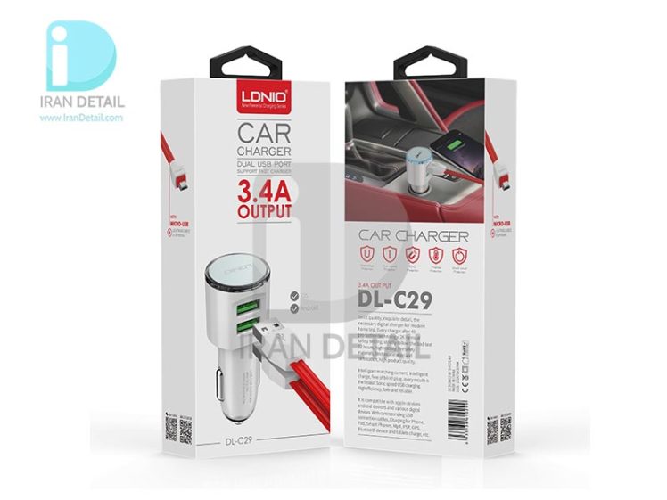 شارژر فندکی دو پورت شارژ سریع به همراه کابل یو اس بی مینی مدل LDNIO Car Charger Dual USB Port